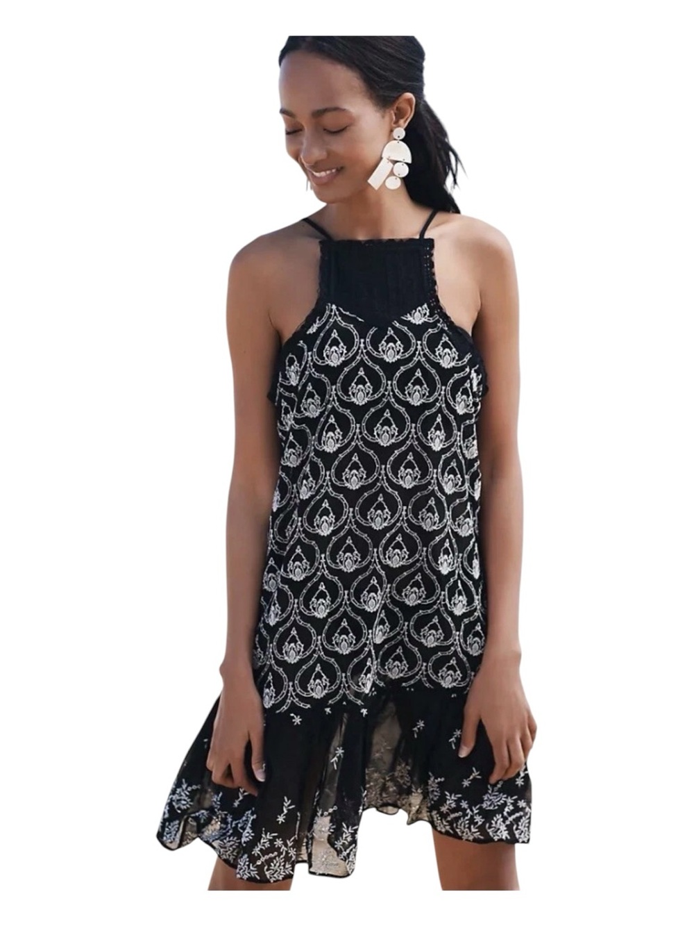 BY ANTHROPOLOGIE Sheer Embroidered Mini Dress Black w/White Embroidery